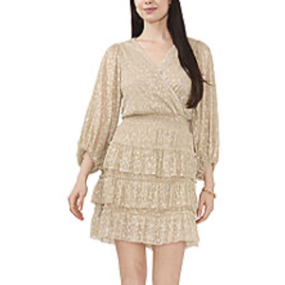 MSK Long Sleeve Fit + Flare Metallic Dress